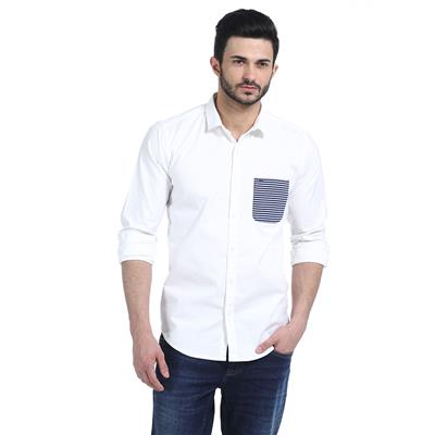 BASICS CASUAL PLAIN WHITE COTTON ELASTANE SLIM SHIRT