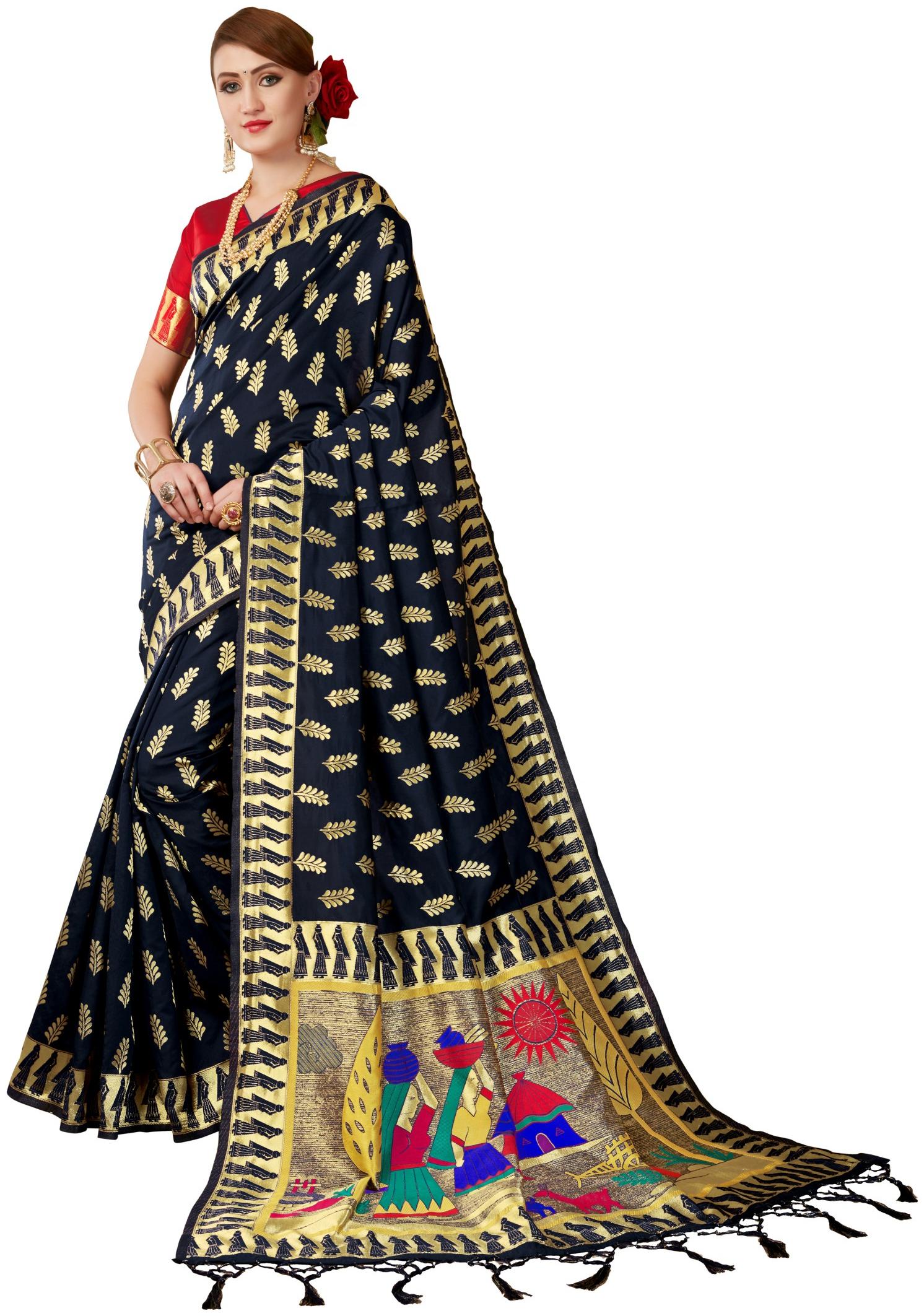 GENIUS CREATION Silk Banarasi Embroidered Work Saree - Black