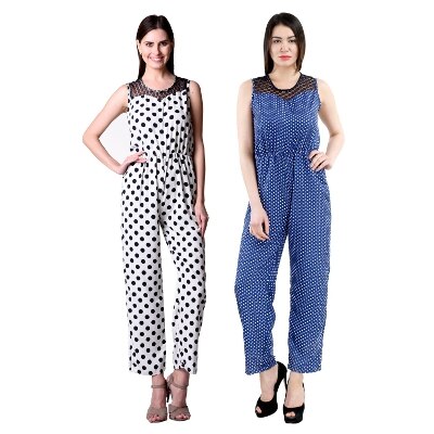 Westrobe Womens White Polka Dot Printed And Navy Blue Polka Dot Printed Jumpsuit Combo