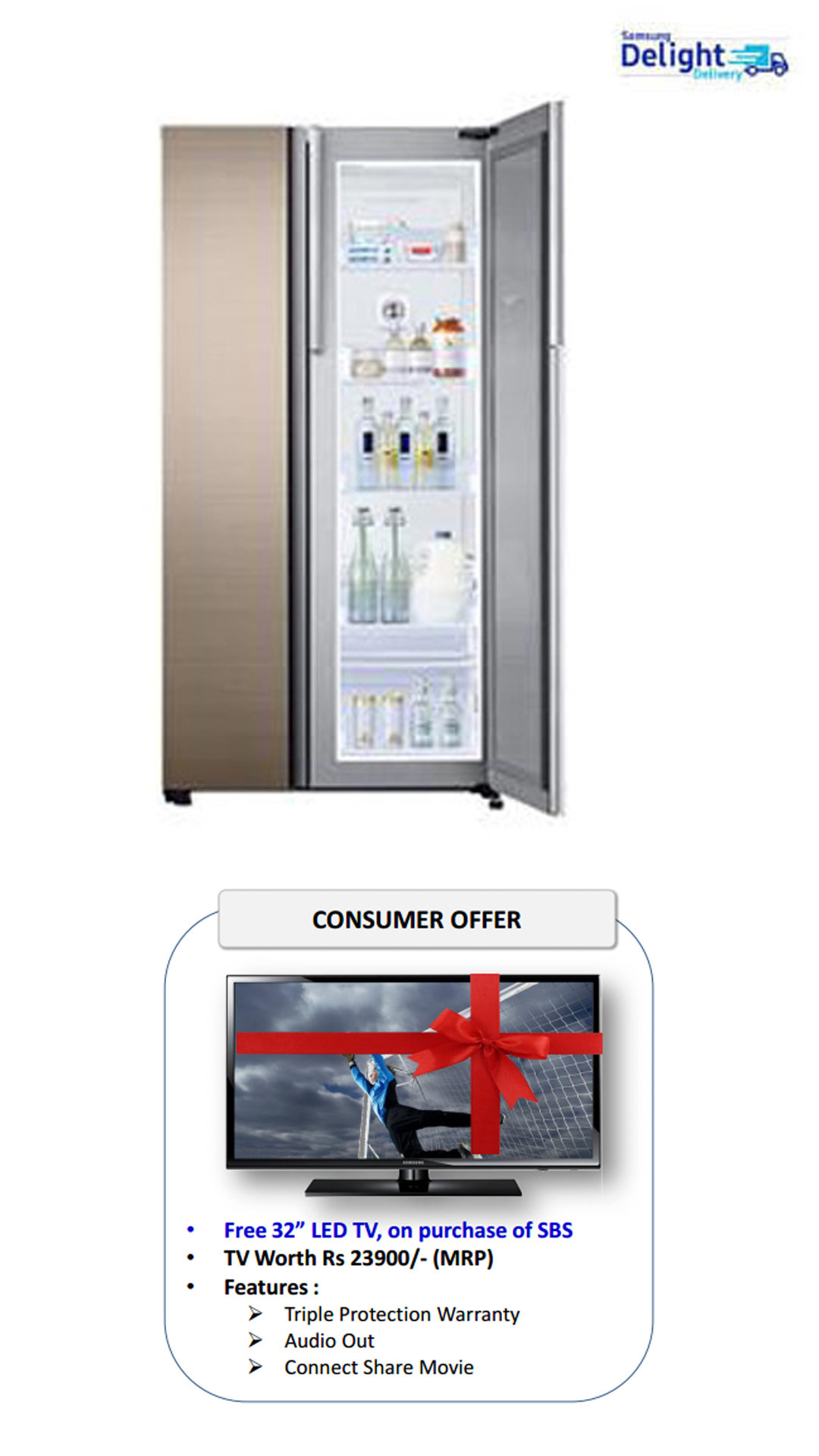 Samsung 674 L Side By Side Refrigerator (Refined Gleam) - RH62K60177P + Free 32 inch LED TV