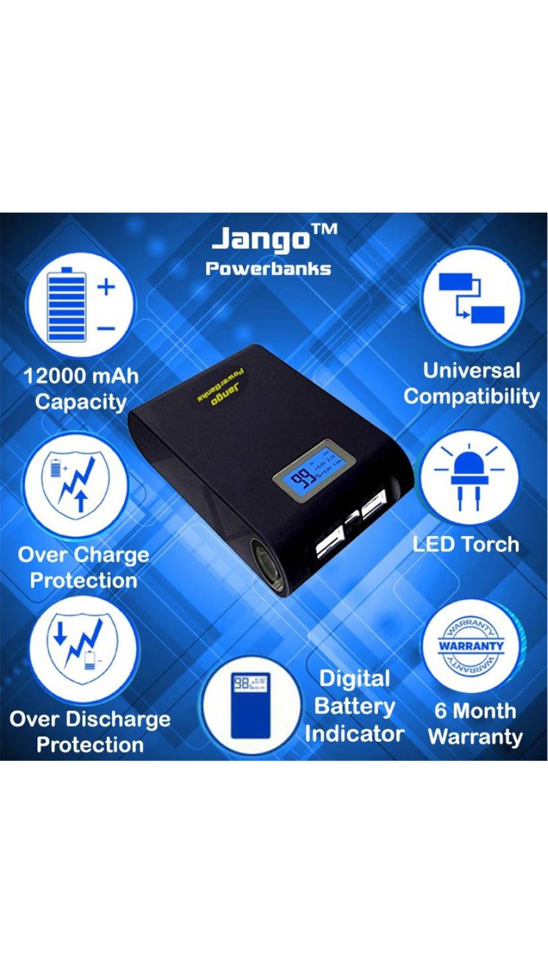 Jango P-12000 Rapid Charge With Digital Indicators & Dual USB 12000 mAh Power Bank  (Black)