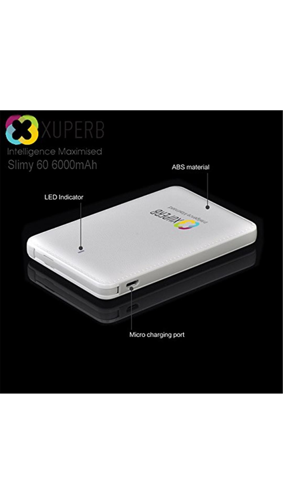 Xuperb (Slimy-60) 6000 mAh Polymer Power Bank With Dual Charging Port (White)