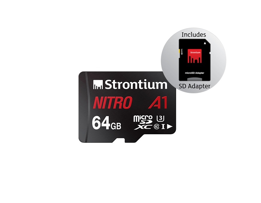 Strontium Nitro A1 64GB Micro SDXC Memory Card 100MB/s A1 UHS-I U3 Class 10 with High Speed Adapter for Smartphones Tablets Drones Action Cams (SRN64GTFU3A1A)