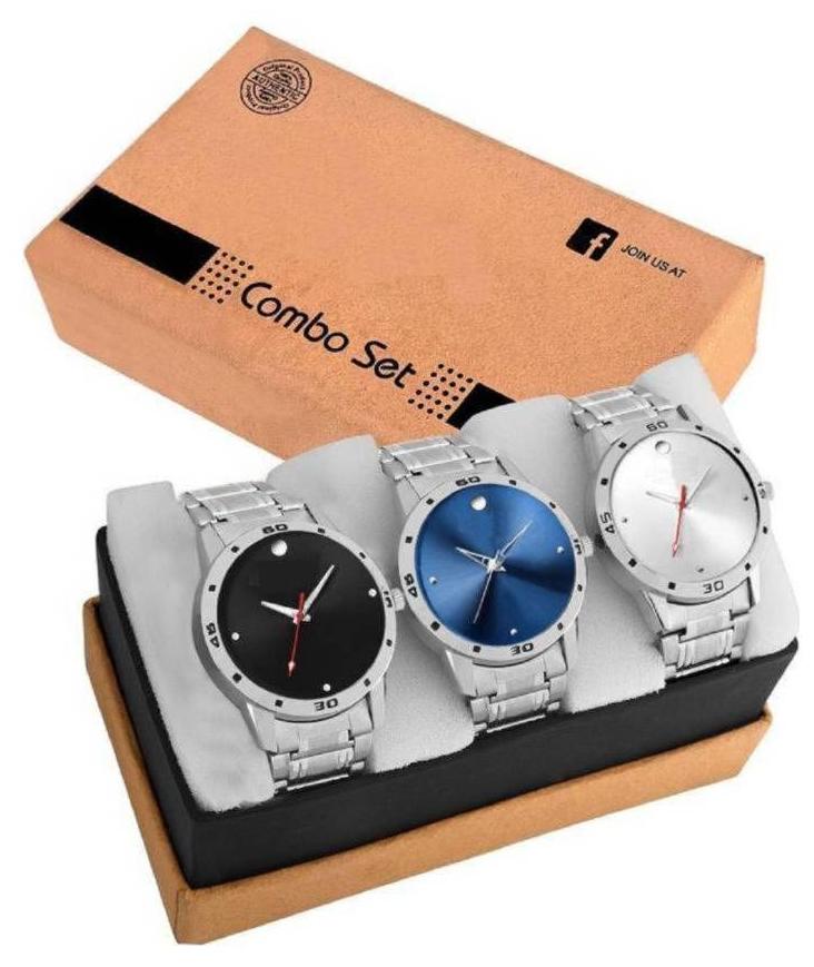 GenZ GENZ-CO3-SS-MOVA-BLU-BLA-WHI Stainless steel Analog stylish Gifting Combo watch for Men